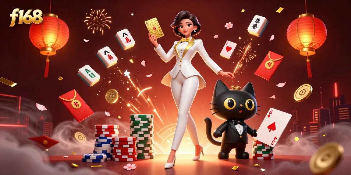 Join the excitement at f168 with a glamorous dealer shuffling cards amidst vibrant casino elements.