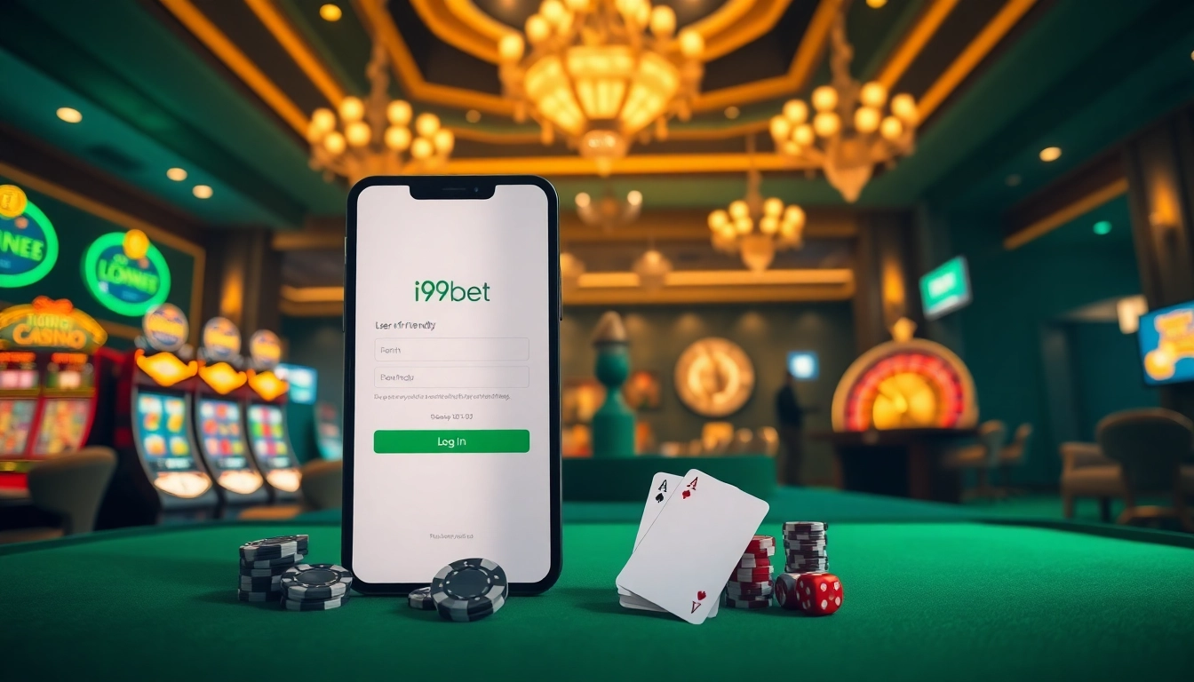 Engaging in đăng nhập i9bet on a smartphone amidst vibrant casino elements like poker chips and roulette.
