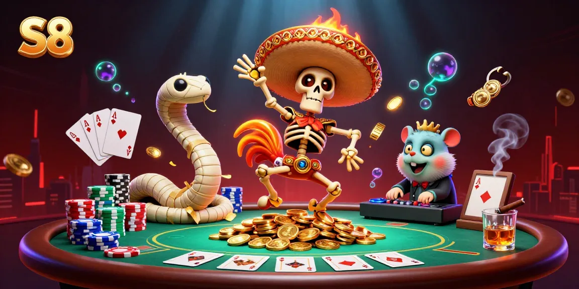 Experience thrilling wins at S8 with a vibrant scene of skeletons and gold coins at a poker table.
