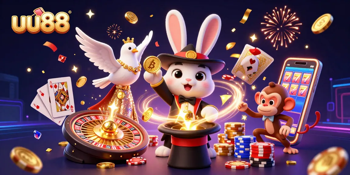 uu88 magician rabbit conjuring coins with a dove and monkey amidst casino excitement