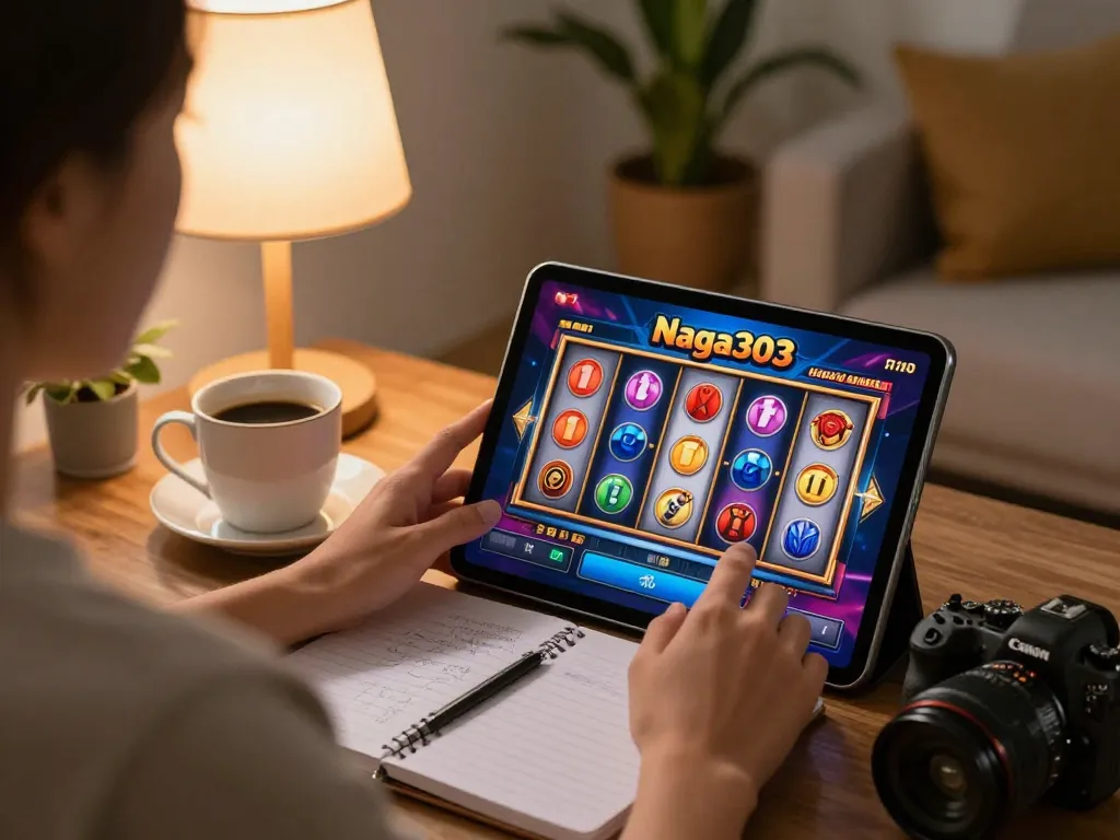 Naga303 slot gameplay on tablet in cozy home setting with strategic notes visible.