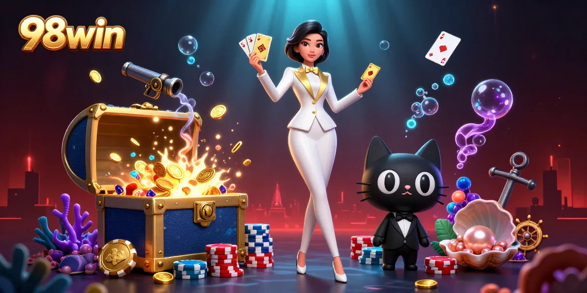 Join the thrilling gaming atmosphere at 98win with a glamorous woman shuffling cards.