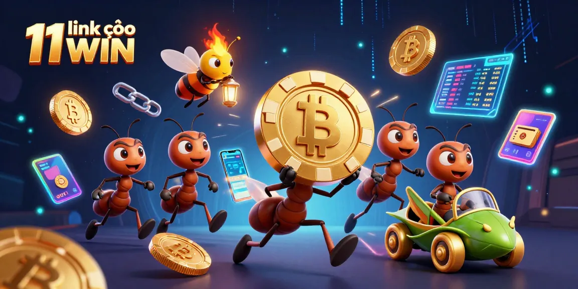 Link vào 11WIN showcases a vibrant heist scene with ants and golden poker chip amidst casino elements.