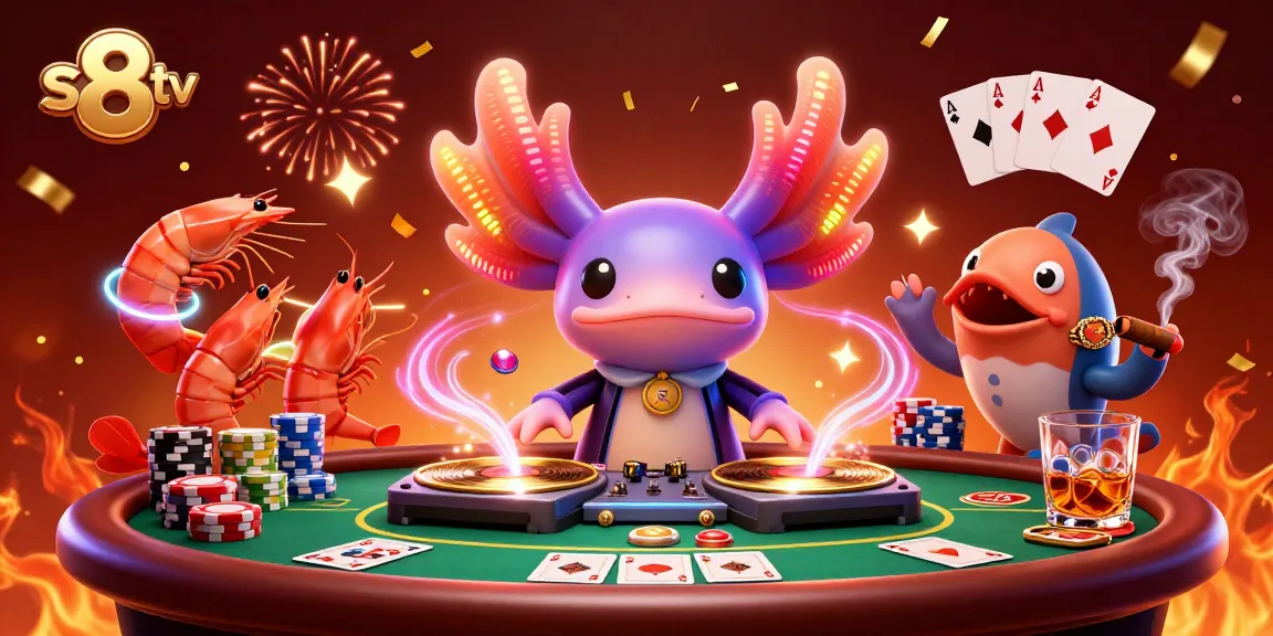Experience exciting play at s8 tv with a vibrant 3D casino scene featuring poker elements and colorful characters.