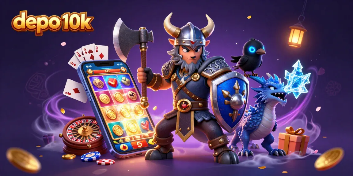 Experience casino thrills with depo 10k in this vibrant 3D illustration of a Viking warrior and dragon.