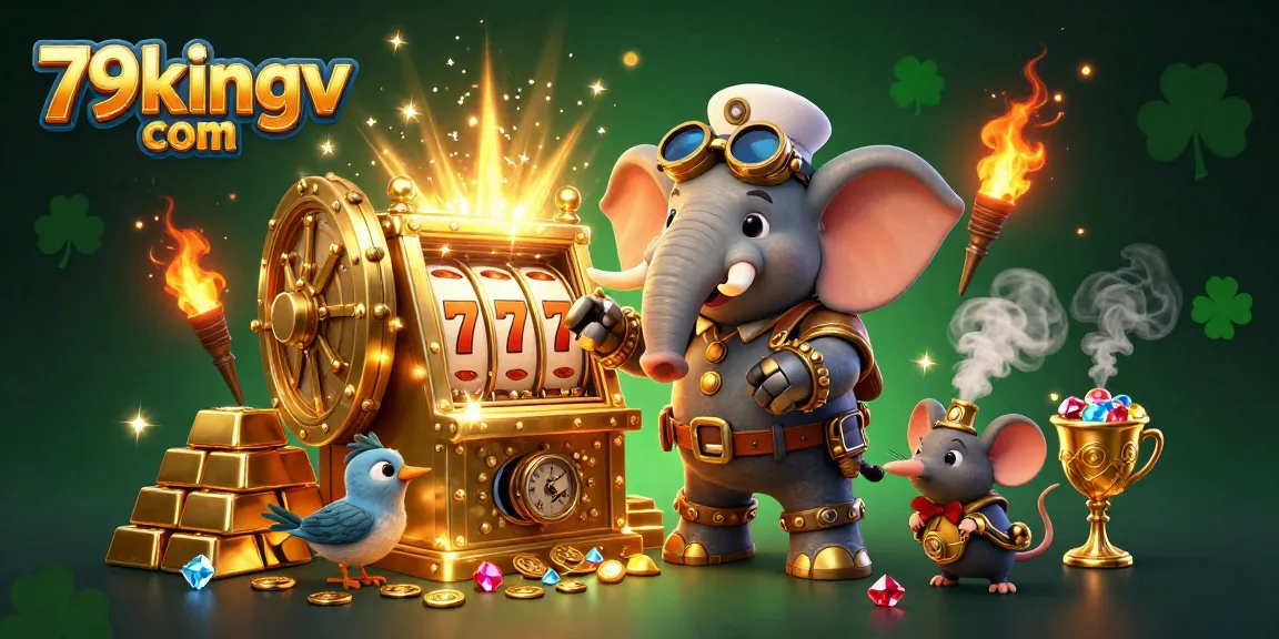 Experience thrilling wins at 79kingv com with steampunk characters and dazzling treasures in this vibrant casino scene.
