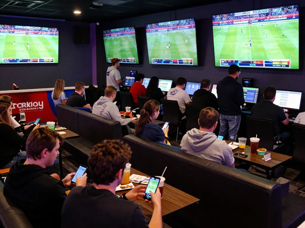 Spectators engaged in sports betting excitement using their smartphones and TV screens, focusing on soi kèo hôm nay.