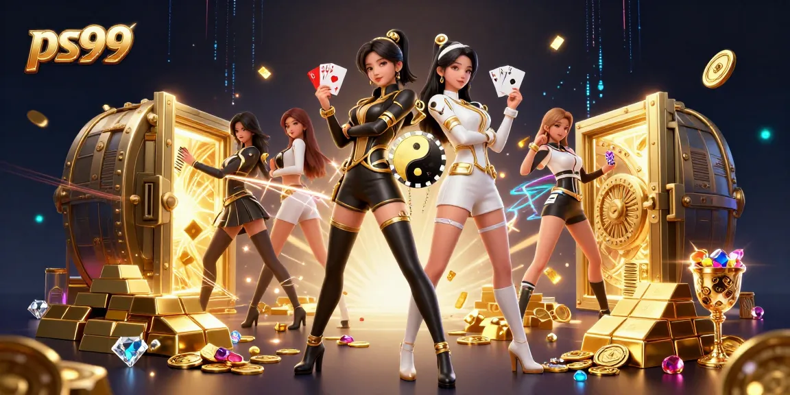 Experience thrilling games at ps99 with stunning illustration of two Asian women holding cards amidst a treasure of gold.