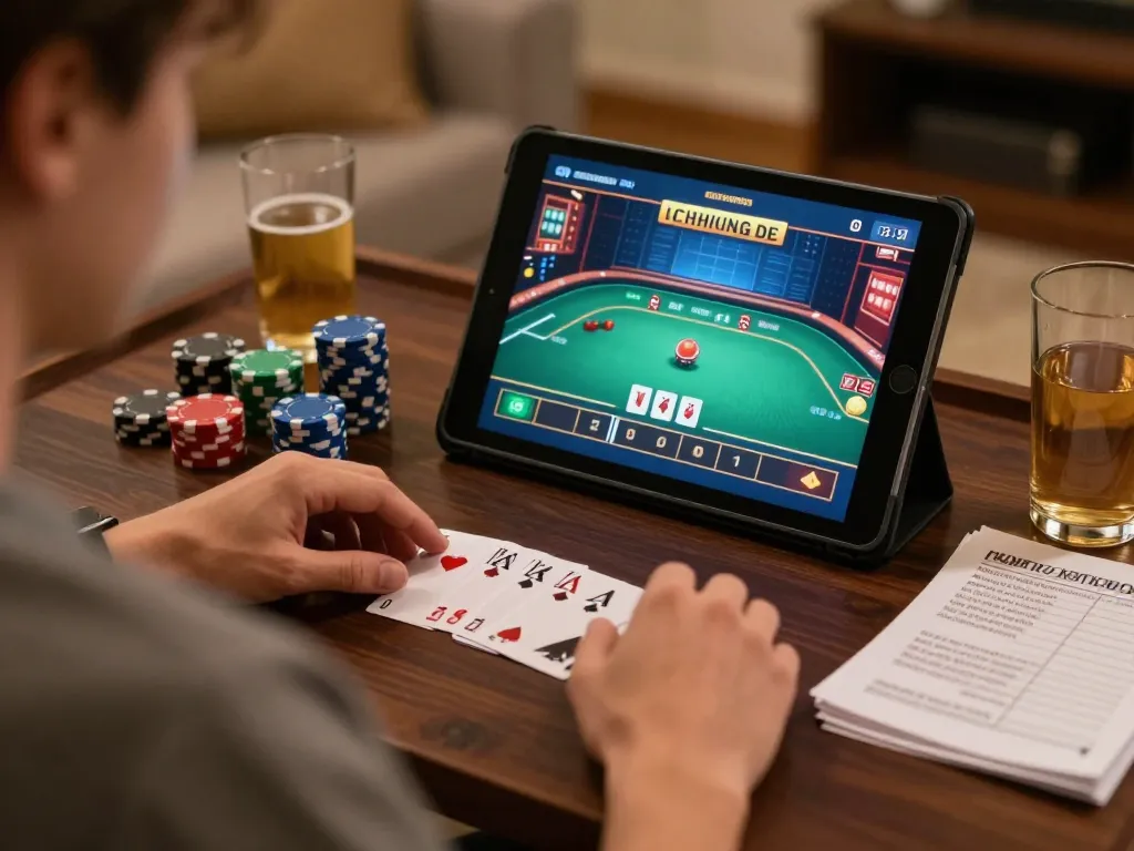 Player enjoying Lc 88 online poker game on tablet with chips and strategy notes nearby.