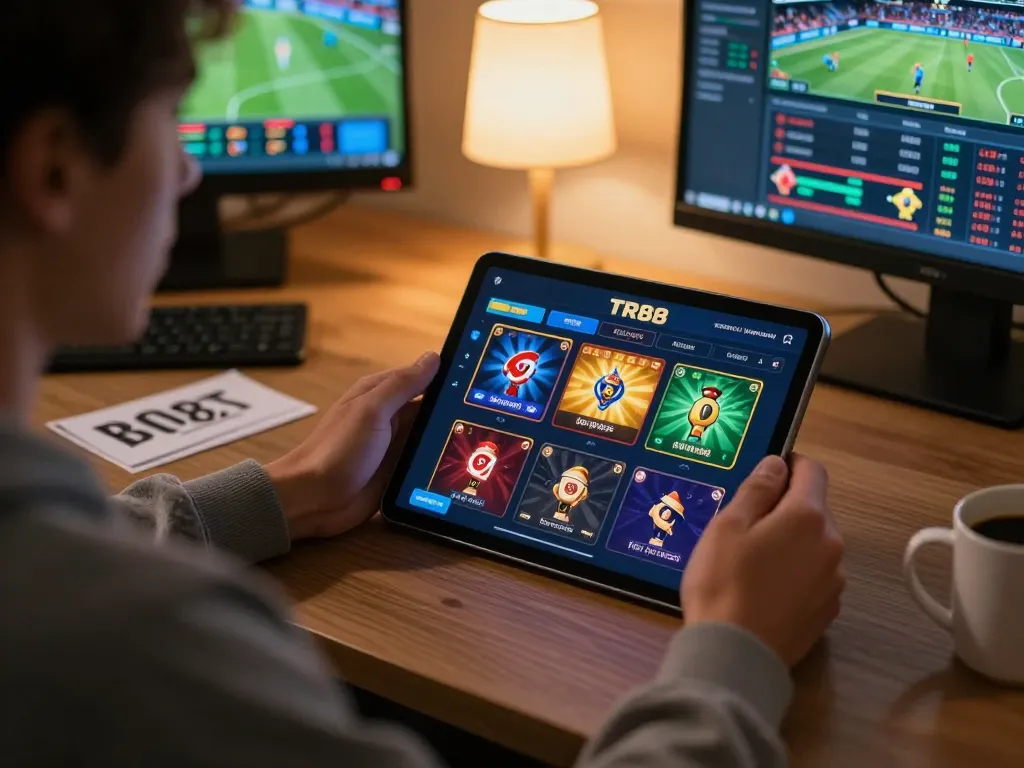Player engaging with TR88 online gaming app and strategic betting notes in cozy home setting