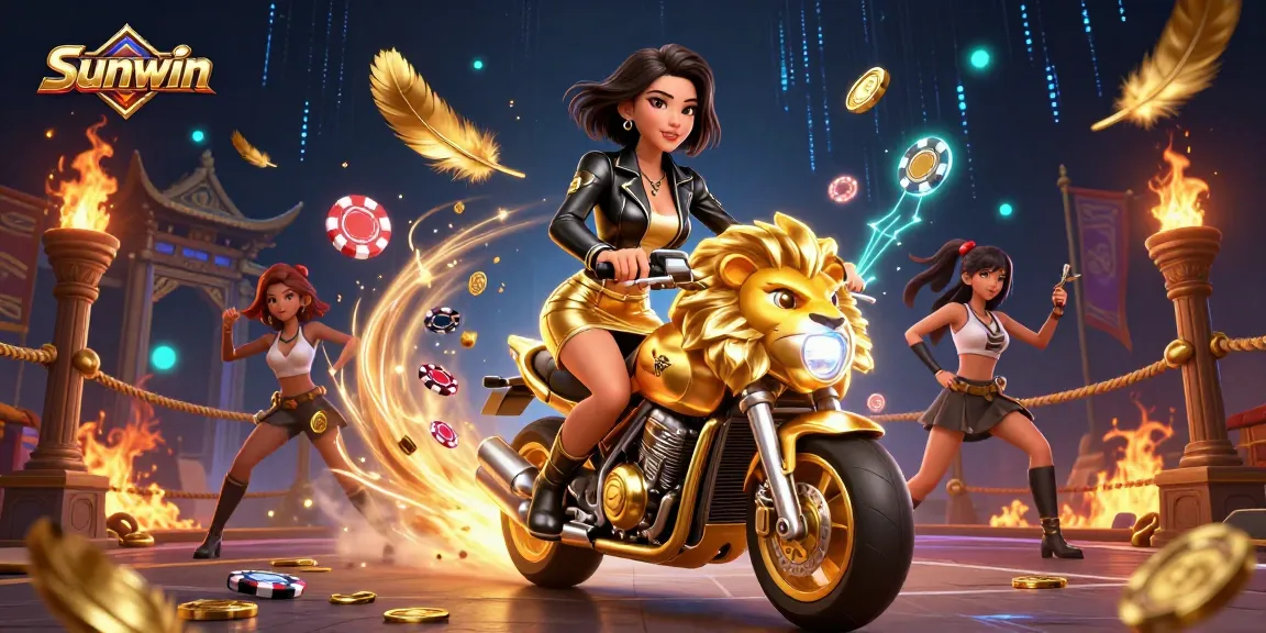Experience thrilling gameplay with Sunwin, featuring an Asian woman riding a golden lion in a vibrant casino.