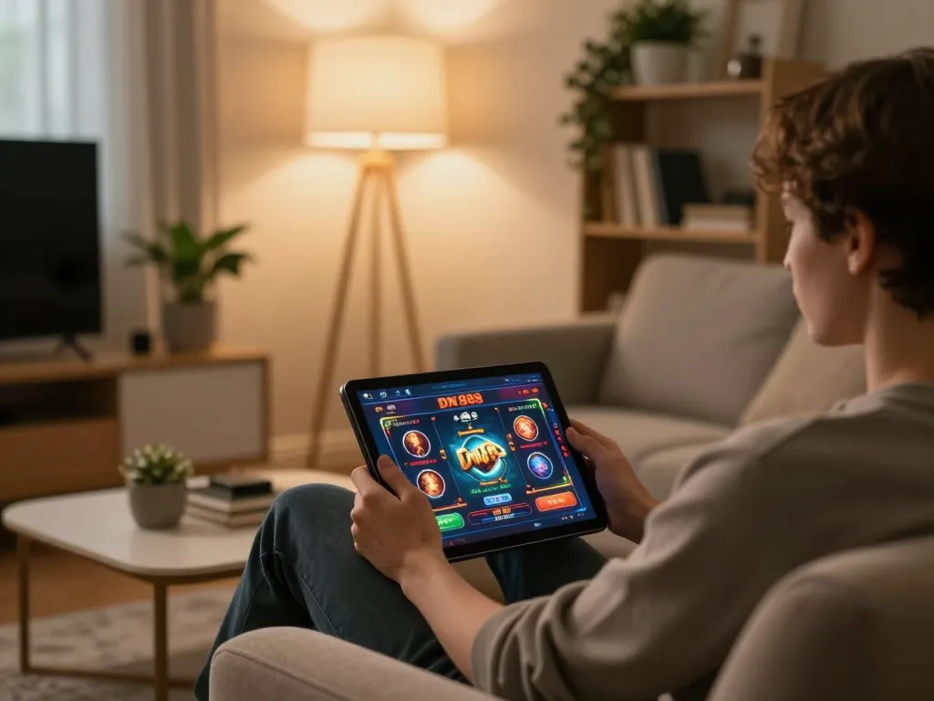 Engage with dynamic DN 888 gaming on a tablet in a cozy home atmosphere