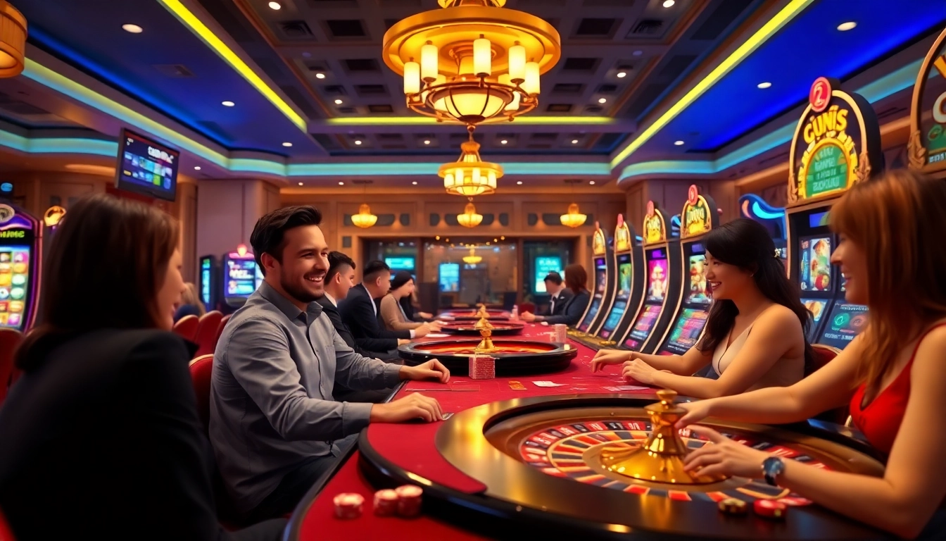 Online casino gaming experience at nhà cái mmoo with players enjoying Baccarat, Roulette and Slots.