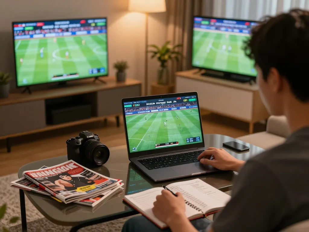Kèo bóng đá displayed on laptop as a bettor analyzes strategies in a cozy living room.