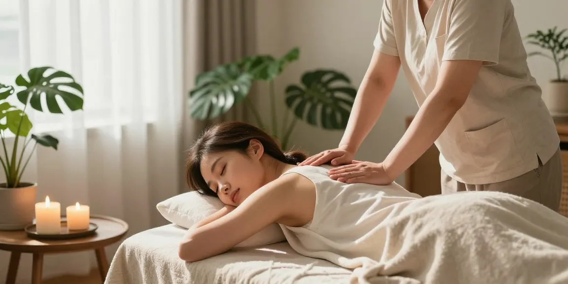 Experience a soothing 천호출장안마 therapy in a tranquil home setting with aromatic candles and cozy decor.