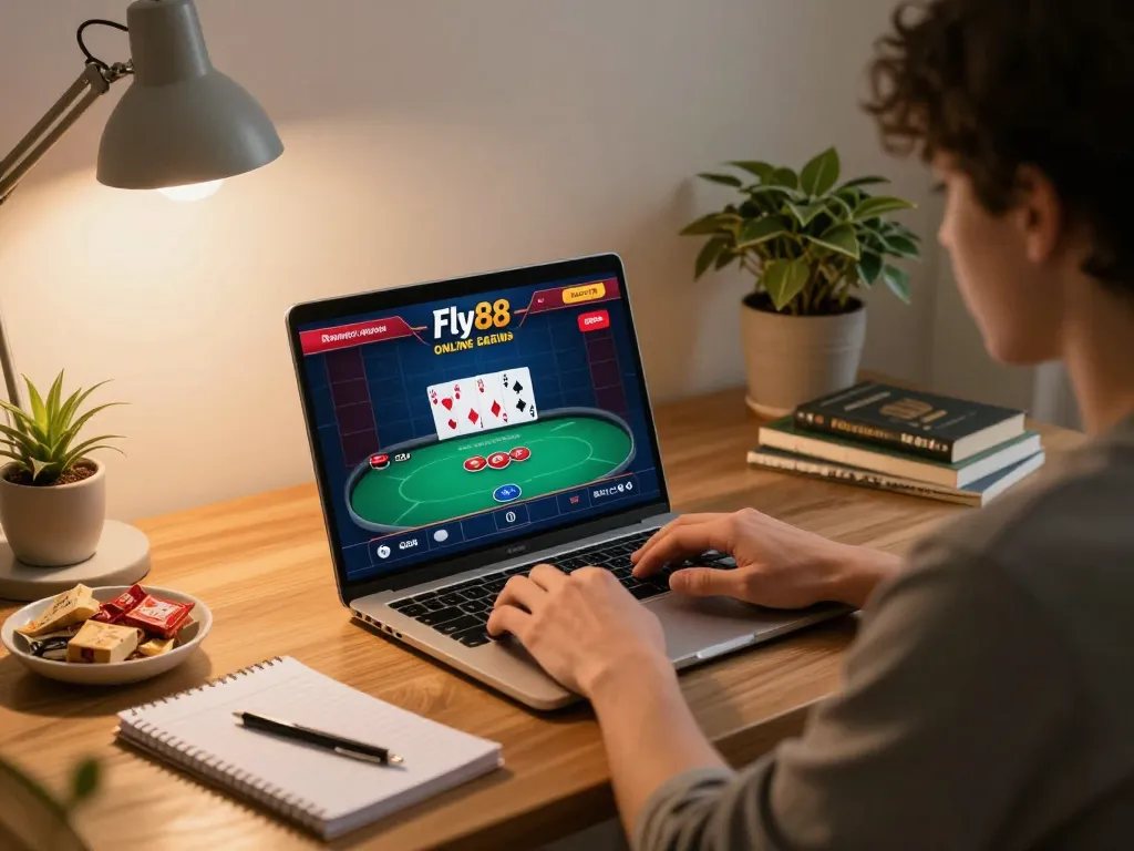 Player engaging in Fly88 online poker game from home office, showcasing a responsible gambling environment.