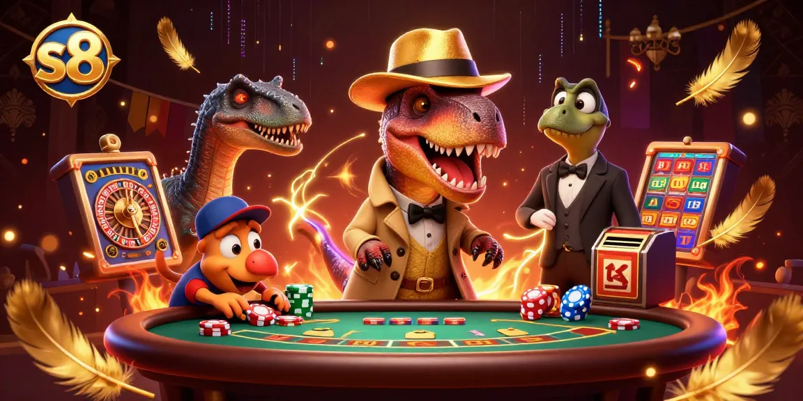 Experience thrilling gameplay at S8 with a velociraptor card counter at a blackjack table.