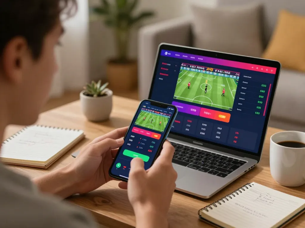FC88 user engaging in mobile sports betting at home with a notebook and smartphone interface.
