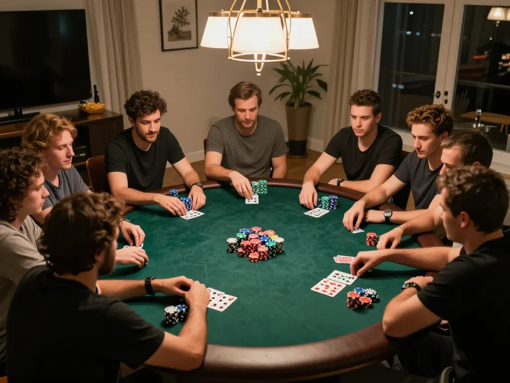 Friends engaging in an exciting poker game night at home, showcasing com gameplay strategy and social atmosphere