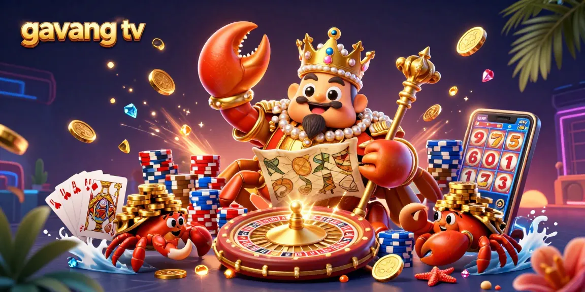 Experience the electrifying gambling world with gavang tv's animated golden crab emperor amidst vibrant casino elements.