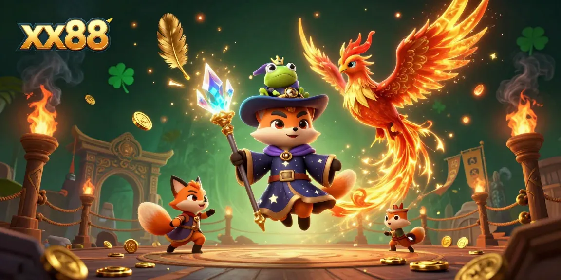 Experience the thrill of xx88 with a mystical fox wizard in an enchanting casino setting.