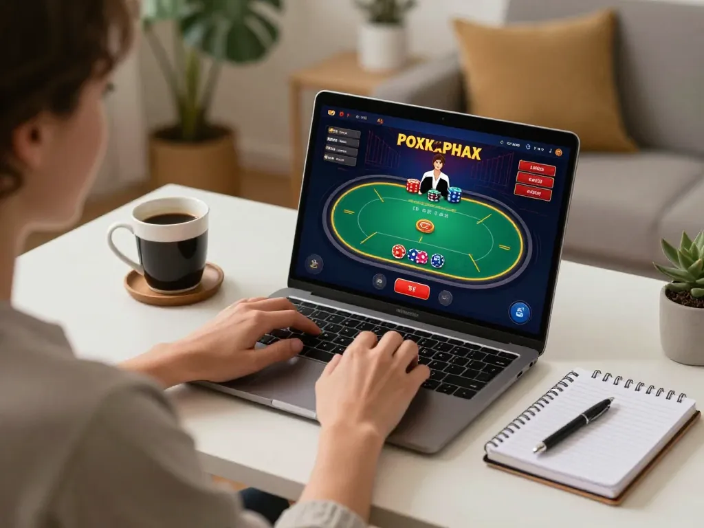 Duitgini user engaging in an online poker game at home, showcasing strategic betting and responsible gaming.