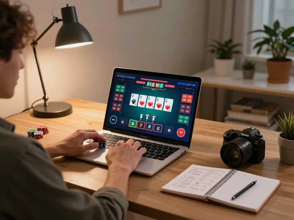 S666HN poker player strategizing at home, vibrant screen displaying intense gameplay and betting options.