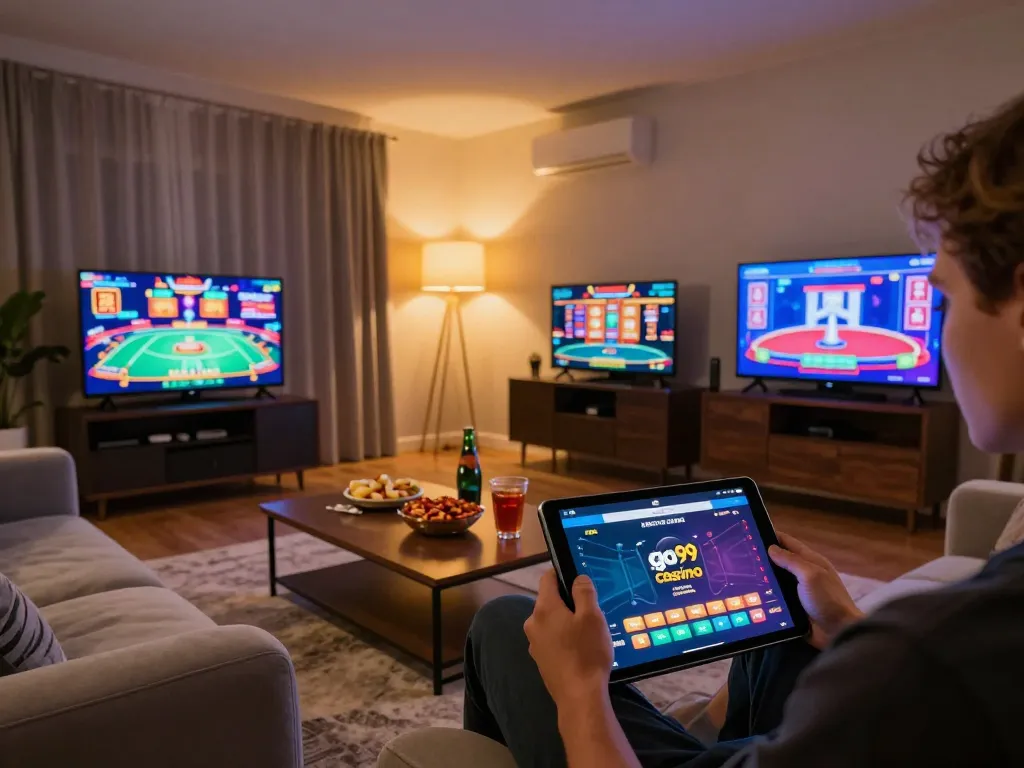 Engaging with the link go99 casino app during a cozy home gaming session, showcasing online action and comfort