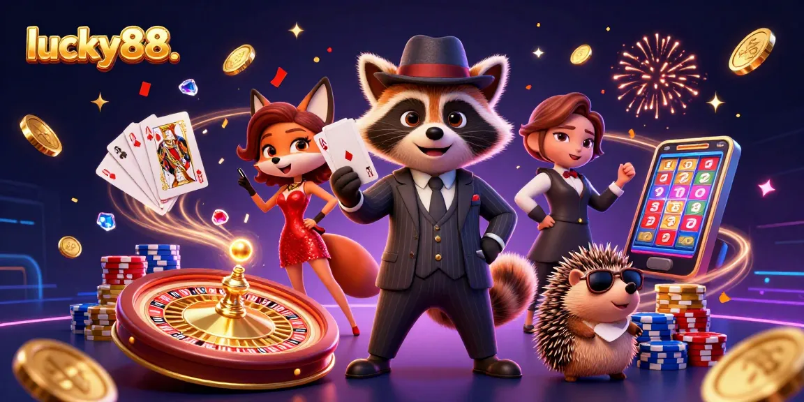 Experience thrilling casino action with lucky88. in a vibrant 3D illustration featuring colorful characters and dynamic gaming elements.