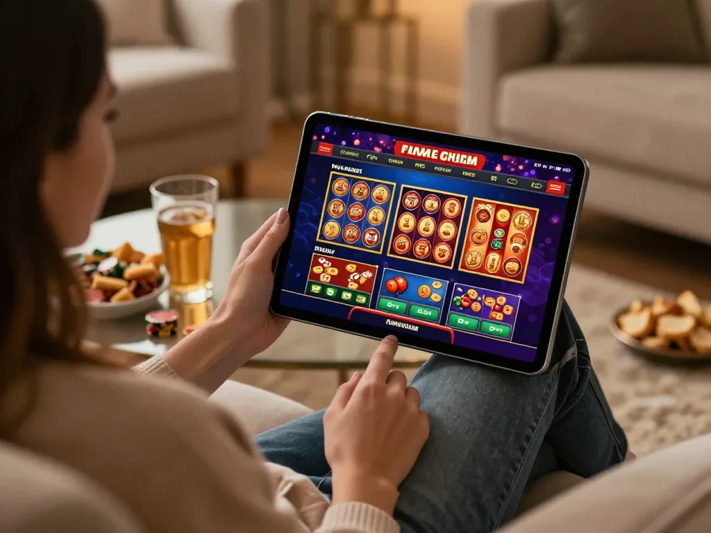 Engaging home gaming session on lc88pro with vibrant casino interface displayed on tablet screen