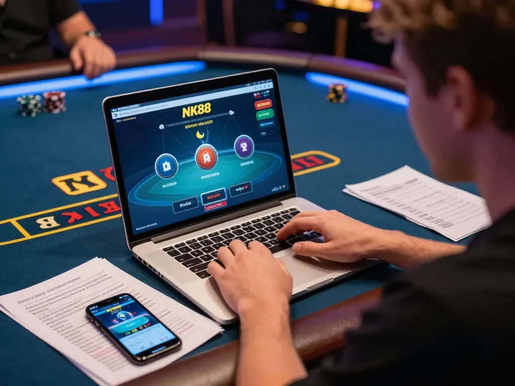 Player focused on live dealer game at NK88 online casino, displaying modern gaming strategy.