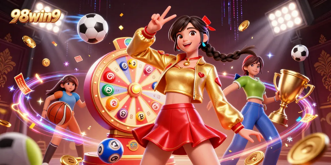 Spin to win with 98win9 in this vibrant casino scene filled with action and excitement!