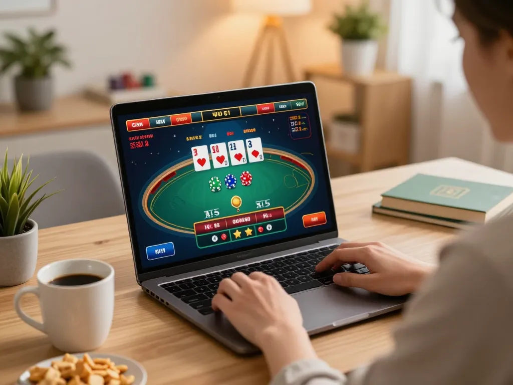 Engaging online poker gameplay on a laptop by gem88 player in comfortable home setting.