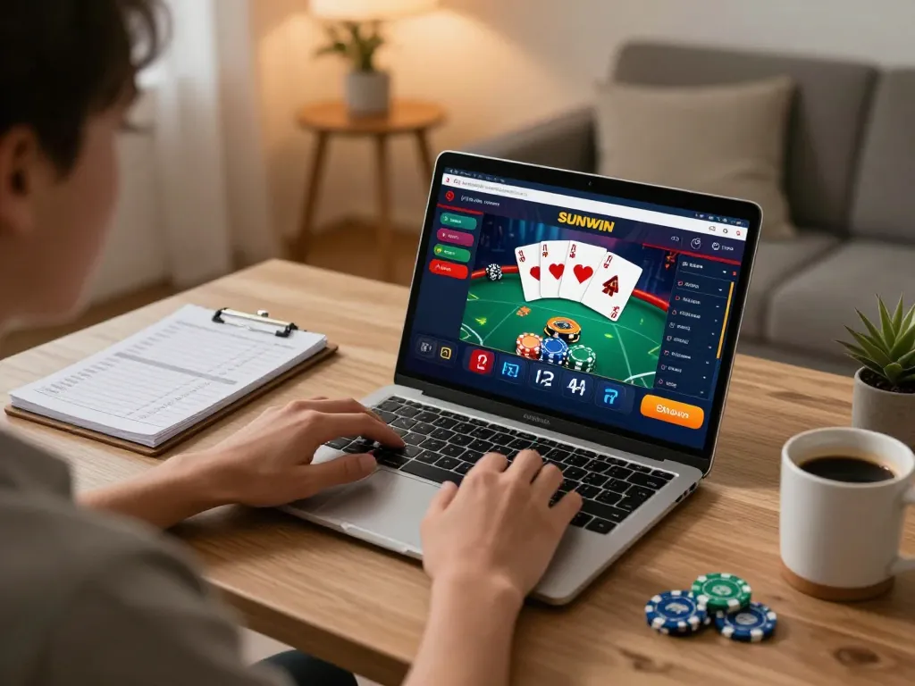 Sunwin app showcased on laptop screen during online gaming session, highlighting strategic poker gameplay.