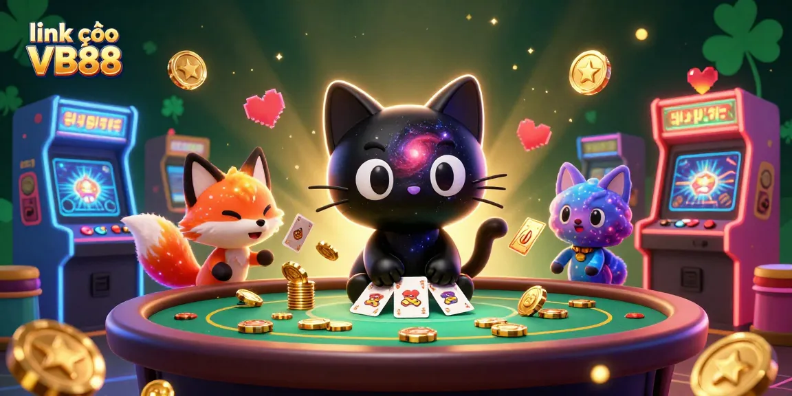 Engage with link vào VB88 through a vibrant cosmic casino experience featuring a black hole cat pulling in golden chips.