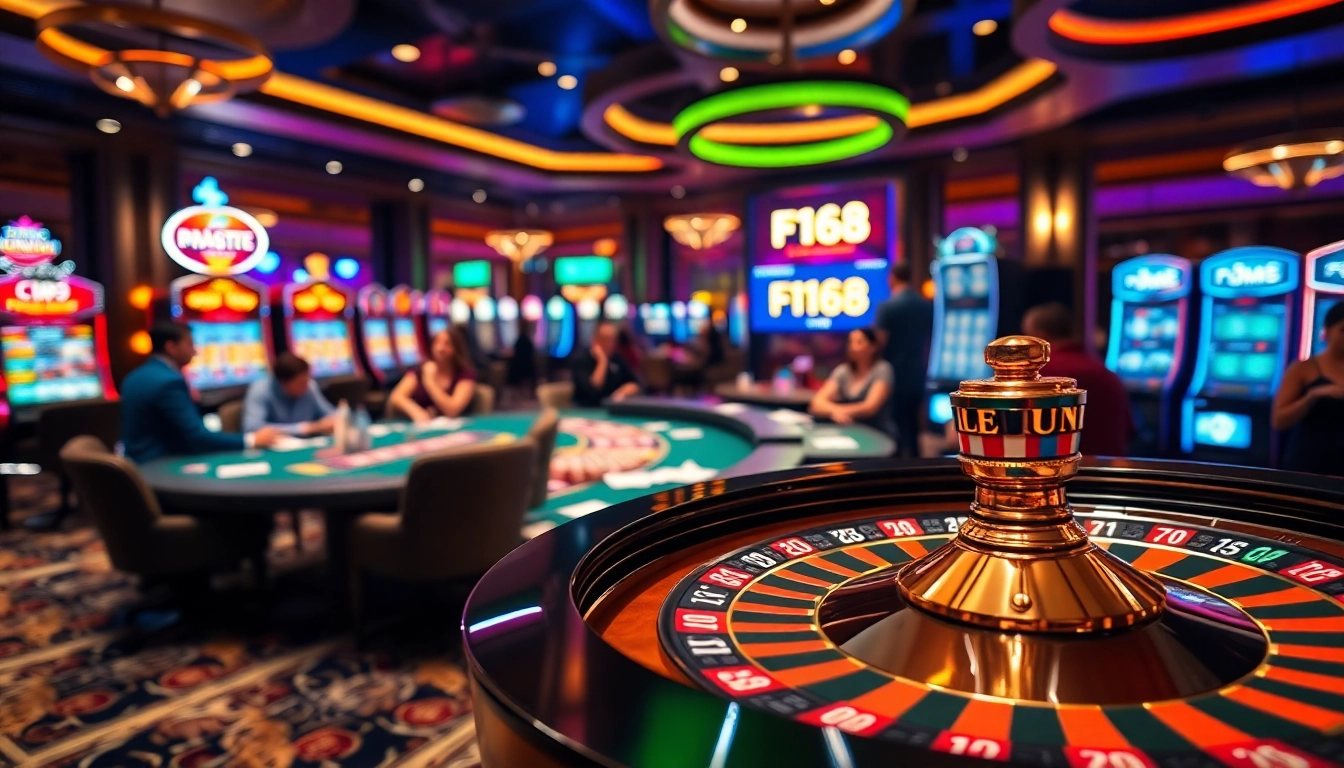 Intense gaming scene with F168 highlighted, showcasing roulette wheel and vibrant casino atmosphere.