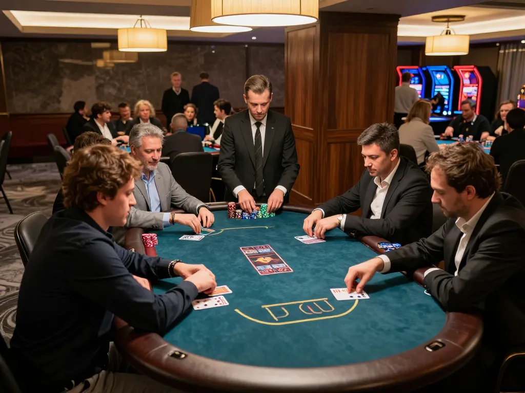 Engaged players at FC88 poker tournament, competitive atmosphere with colorful chips and cards
