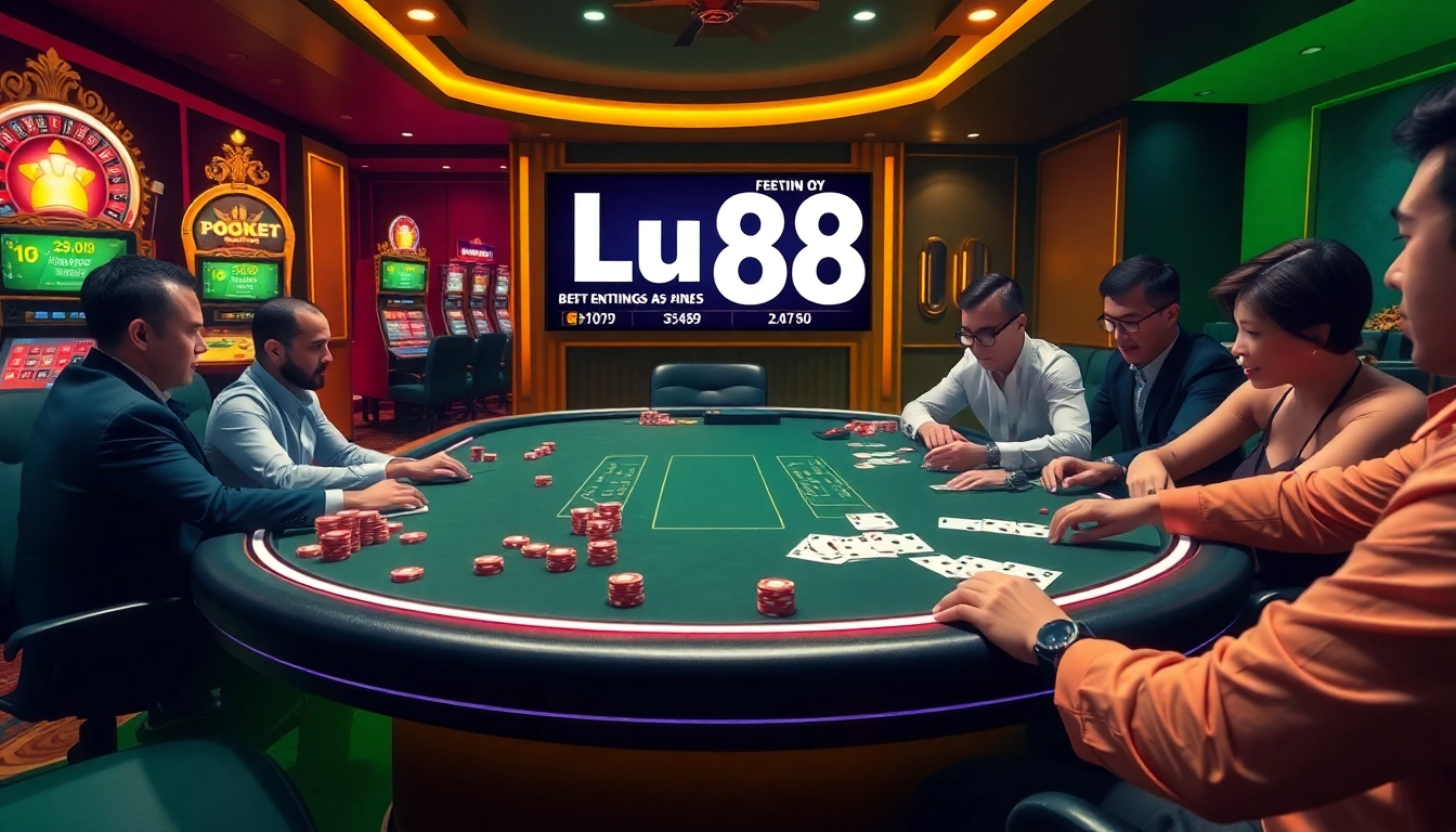 Lu88 gamblers enjoying high-stakes poker at a vibrant modern casino table with betting odds displayed.