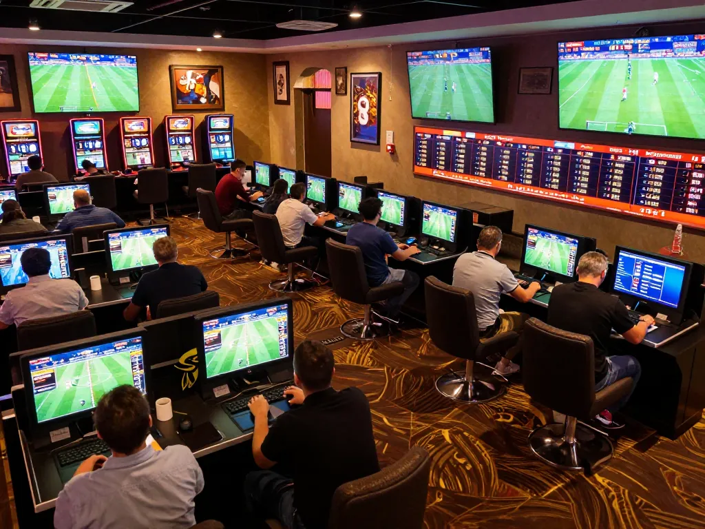 Engaging scene of bettors reviewing kèo nhà cái in a lively sports betting lounge with multiple screens