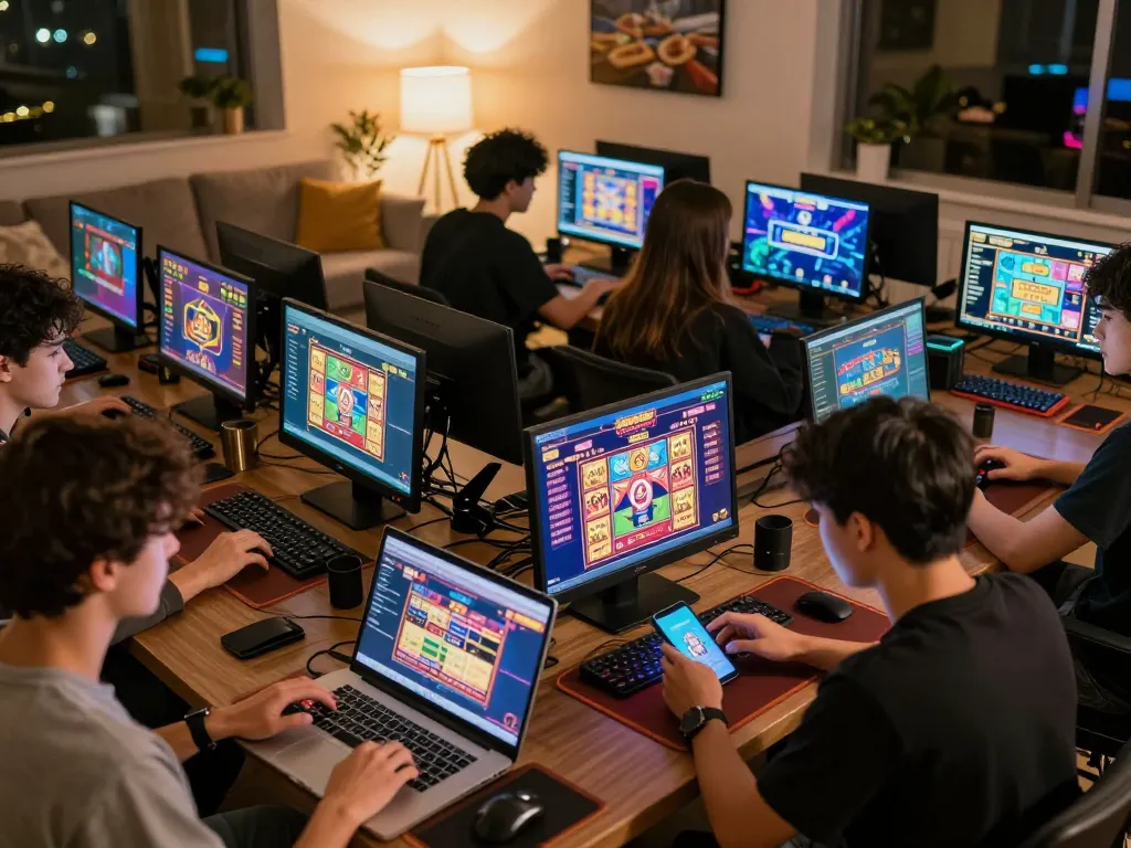 Players engaging with online casino games at alo8net, showcasing dynamic game interfaces and vibrant lighting.