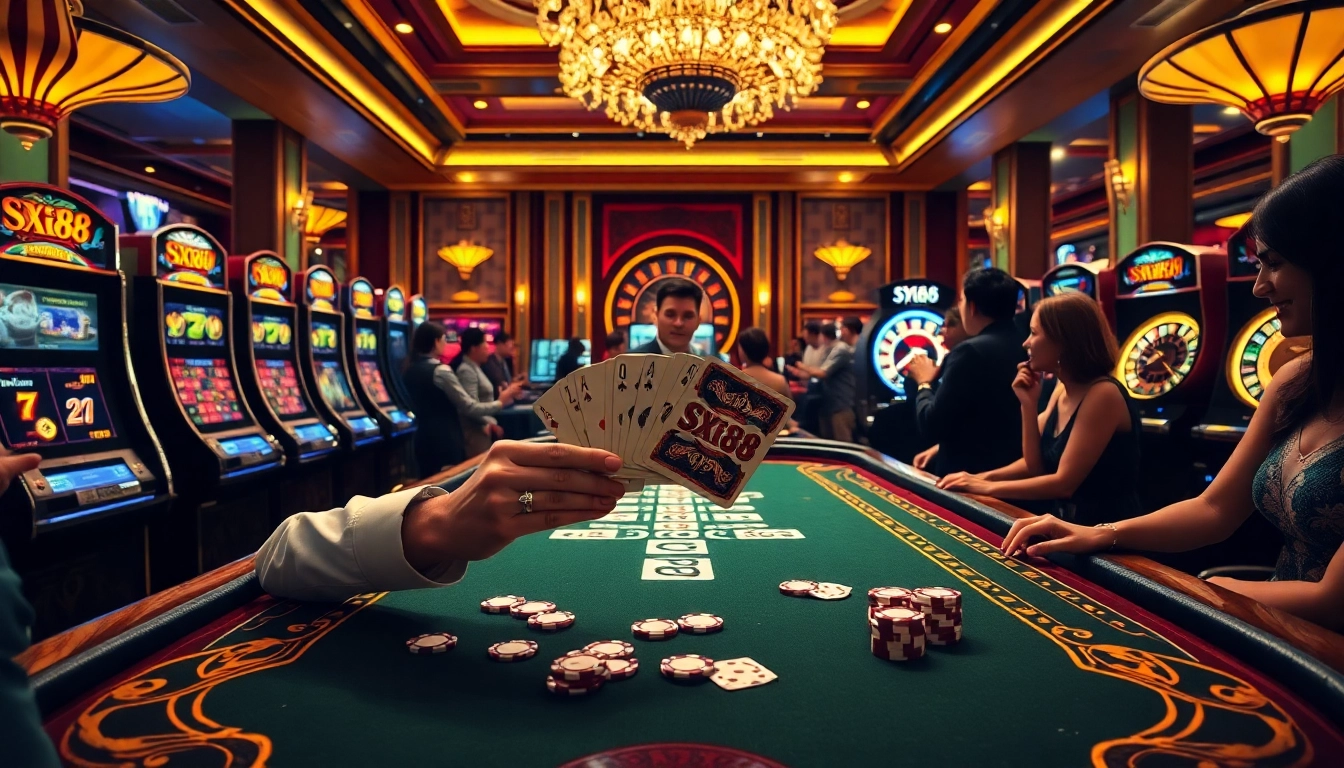 Experience the thrill of gambling at SX88-themed casino tables with professional dealers.