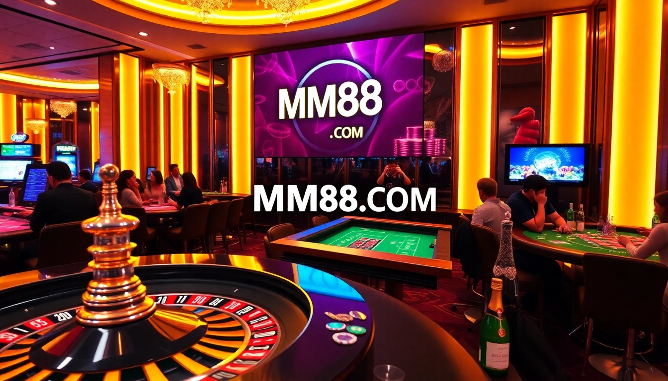 Experience the thrill of winning at MM88 COM's luxurious casino ambiance with vibrant gaming tables.