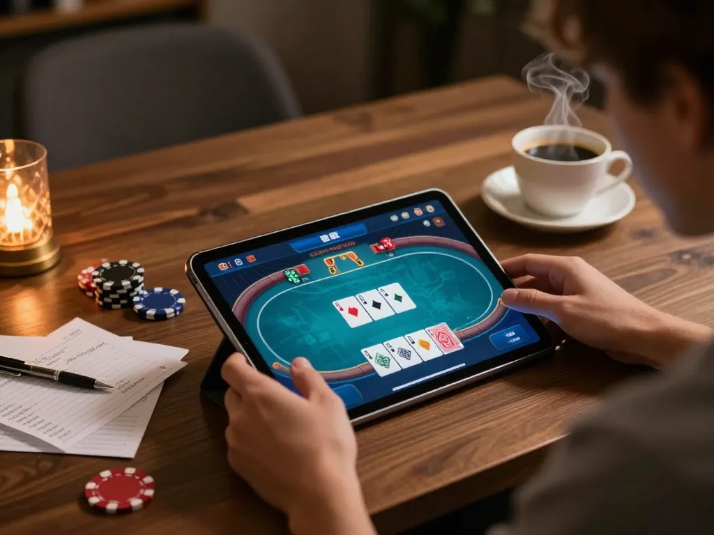 Engaging online poker session showcasing game đánh bài đổi thưởng on tablet with strategy notes.