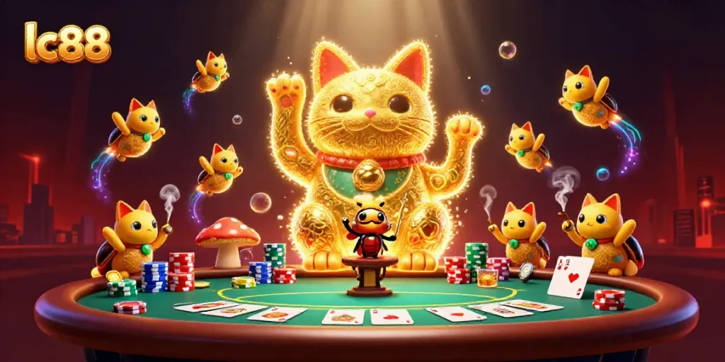 Experience the charm of lc88 with a golden lucky cat amidst vibrant casino symbols.