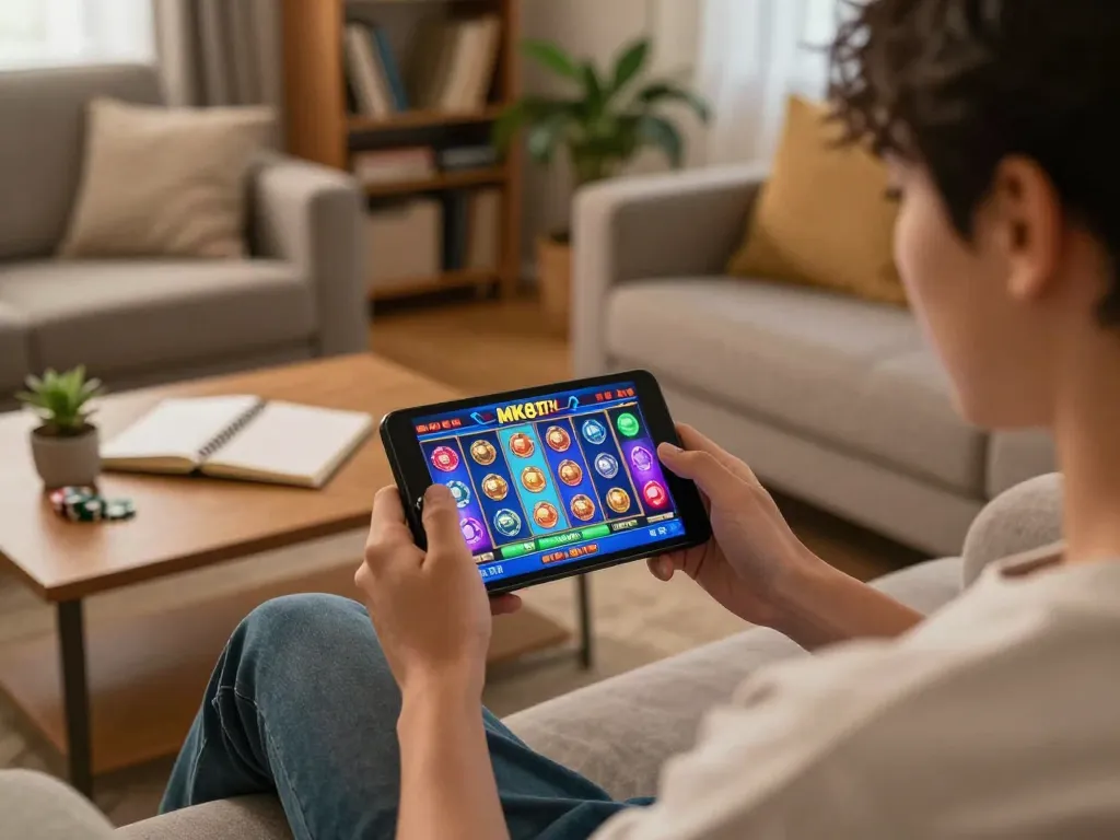 Player engaging with mk8th casino app on a cozy sofa, exemplifying online gambling.