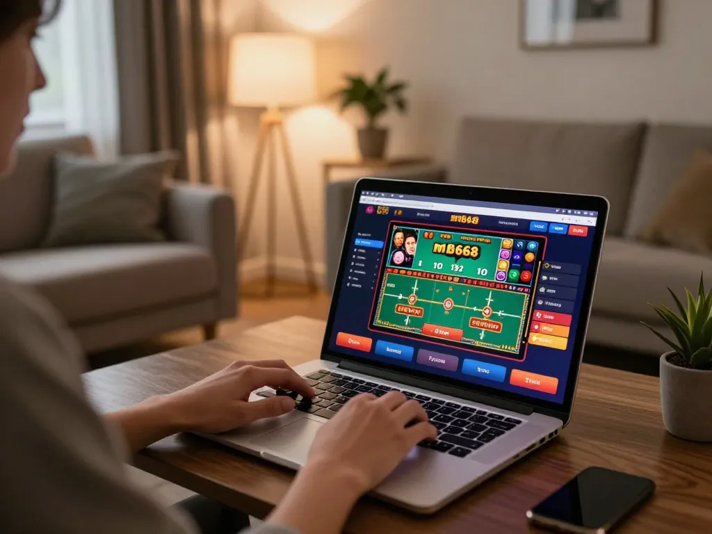 Person engaging with mb668 on a laptop in a cozy home gaming setup.