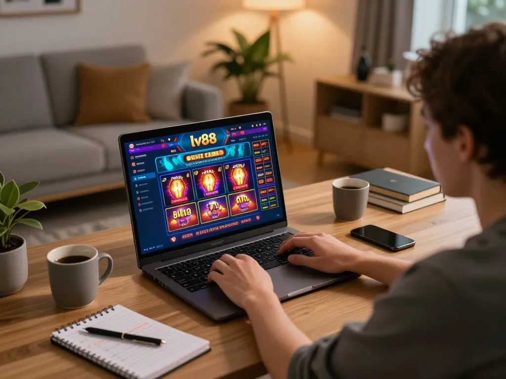 Engaging in online casino gameplay at lv88 from a cozy home setting with tablet and strategy notes