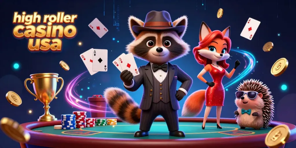Experience high roller casino usa with a suave raccoon, a fox lady in red, and a hedgehog bouncer amidst dynamic poker elements.