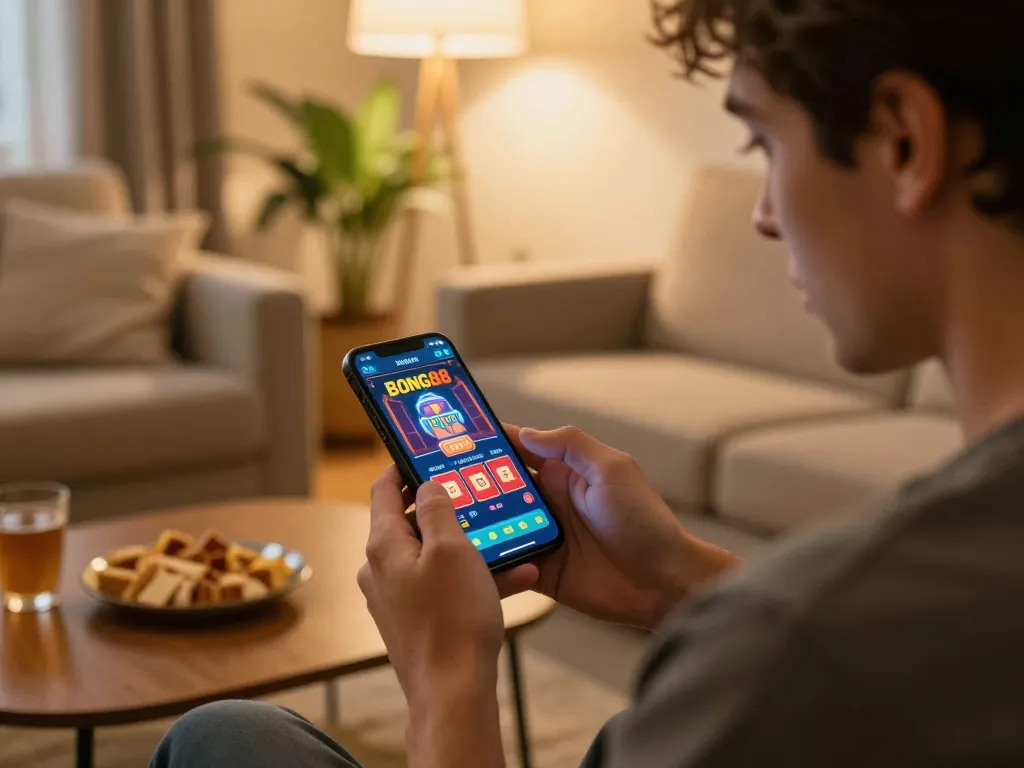 Bong88 player enjoying online gaming on a smartphone in a cozy living room setting, vibrant casino graphics on screen.