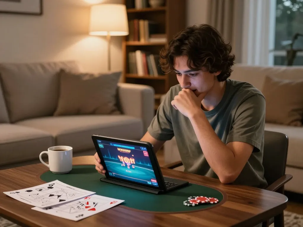 c168 engaging in an exciting poker game on a tablet in a cozy home setting